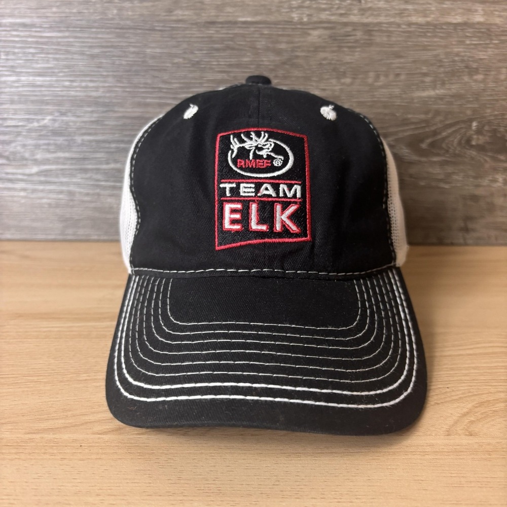 RMEF Team Elk Hat Cap Strap Back Black White Mesh Trucker Hunting Mens Patch